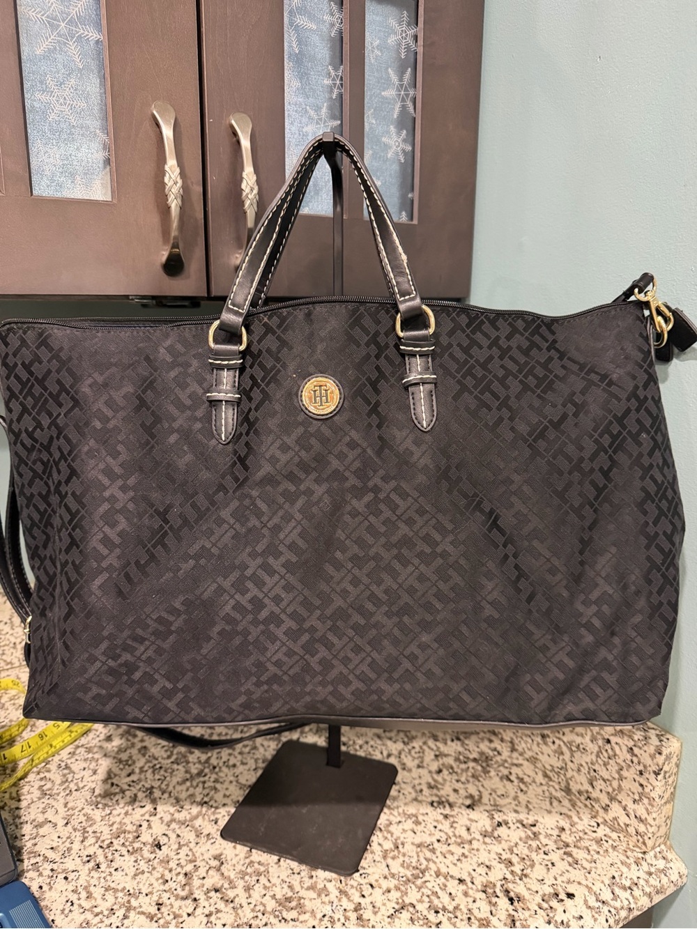 Tommy Hilfiger Black Jacquard Travel Tote with Logo Medallion